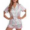 image:imageLYANER Womens Satin Silky Soft Pajamas Set  Button Down Collared V Neck Short Sleeve Blouse Tops with Elastic High Waisted Shorts Comfy Pjs Sleepwear LoungewearMulticolor Striped