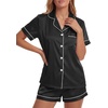 image:imageLYANER Womens Satin Silky Soft Pajamas Set  Button Down Collared V Neck Short Sleeve Blouse Tops with Elastic High Waisted Shorts Comfy Pjs Sleepwear LoungewearSolid Black
