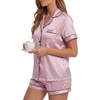 image:imageLYANER Womens Satin Silky Soft Pajamas Set  Button Down Collared V Neck Short Sleeve Blouse Tops with Elastic High Waisted Shorts Comfy Pjs Sleepwear LoungewearChampagne Pink2