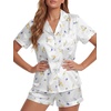 image:imageLYANER Womens Satin Silky Soft Pajamas Set  Button Down Collared V Neck Short Sleeve Blouse Tops with Elastic High Waisted Shorts Comfy Pjs Sleepwear LoungewearFloral White