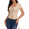 image:imageLYANER Womens Tie Front Button Down Crop Tops  Scoop Neck Short Sleeve Slim Fitted Going Out T ShirtLight Beige