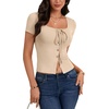 image:imageLYANER Womens Tie Front Button Down Crop Tops  Scoop Neck Short Sleeve Slim Fitted Going Out T ShirtLight Beige