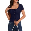 image:imageLYANER Womens Tie Front Button Down Crop Tops  Scoop Neck Short Sleeve Slim Fitted Going Out T ShirtNavy Blue