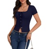 image:imageLYANER Womens Tie Front Button Down Crop Tops  Scoop Neck Short Sleeve Slim Fitted Going Out T ShirtNavy Blue