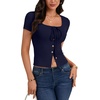 image:imageLYANER Womens Tie Front Button Down Crop Tops  Scoop Neck Short Sleeve Slim Fitted Going Out T ShirtNavy Blue