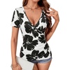 image:imageLYANER Womens Wrap Deep V Neck Sexy Blouse  Summer Short Sleeve Ruched Slim Fitted Going Out Tops Comfy Soft ShirtsWhite Black Floral