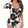 image:imageLYANER Womens Wrap Deep V Neck Sexy Blouse  Summer Short Sleeve Ruched Slim Fitted Going Out Tops Comfy Soft ShirtsWhite Black Floral