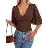 image:imageLYANER Womens Wrap V Neck Dressy Casual Tops  Ruffle Short Sleeve Elegant Work Business Blouse ShirtsChestnut Brown
