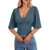 image:imageLYANER Womens Wrap V Neck Dressy Casual Tops  Ruffle Short Sleeve Elegant Work Business Blouse ShirtsDenim Blue