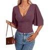 image:imageLYANER Womens Wrap V Neck Dressy Casual Tops  Ruffle Short Sleeve Elegant Work Business Blouse ShirtsDusty Purple