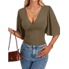 image:imageLYANER Womens Wrap V Neck Dressy Casual Tops  Ruffle Short Sleeve Elegant Work Business Blouse ShirtsLight Army Green