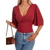 image:imageLYANER Womens Wrap V Neck Dressy Casual Tops  Ruffle Short Sleeve Elegant Work Business Blouse ShirtsWine Red