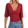 image:imageLYANER Womens Wrap V Neck Dressy Casual Tops  Ruffle Short Sleeve Elegant Work Business Blouse ShirtsWine Red