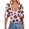 image:imageLYANER Womens Wrap V Neck Dressy Casual Tops  Ruffle Short Sleeve Elegant Work Business Blouse ShirtsWine Red Flower