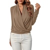 image:imageLYANER Womens Casual V Neck Cross Wrap Long Sleeve Solid Blouse Shirt TopLight Brown