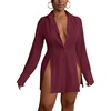 image:imageLYANER Womens Collared Deep V Neck Sexy Tops  Summer Button Down Long Sleeve Slit Hem Long Blouse ShirtsLight Wine