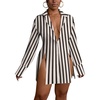 image:imageLYANER Womens Collared Deep V Neck Sexy Tops  Summer Button Down Long Sleeve Slit Hem Long Blouse ShirtsOff White Stirped