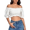 image:imageLYANER Womens Off The Shoulder Crop Tops  Ruffle Trim Ruched Short Sleeve Peasant BlouseWhite