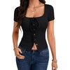 image:imageLYANER Womens Tie Front Button Down Crop Tops  Scoop Neck Short Sleeve Slim Fitted Going Out T ShirtBlack