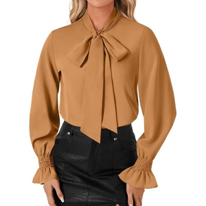 image:imageLYANER Womens Bow Tie Neck Business Work Blouse  Ruffle Long Sleeve Dressy Office Shirt TopCamel