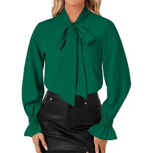 image:imageLYANER Womens Bow Tie Neck Business Work Blouse  Ruffle Long Sleeve Dressy Office Shirt TopDark Green