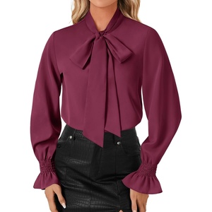 image:imageLYANER Womens Bow Tie Neck Business Work Blouse  Ruffle Long Sleeve Dressy Office Shirt TopDeep Purple