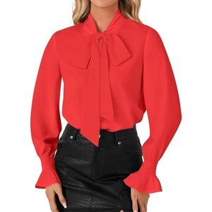 image:imageLYANER Womens Bow Tie Neck Business Work Blouse  Ruffle Long Sleeve Dressy Office Shirt TopRed
