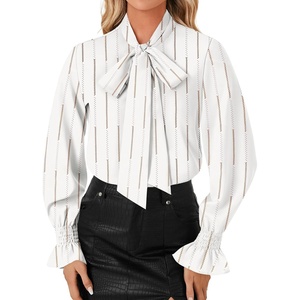image:imageLYANER Womens Bow Tie Neck Business Work Blouse  Ruffle Long Sleeve Dressy Office Shirt TopStripe White