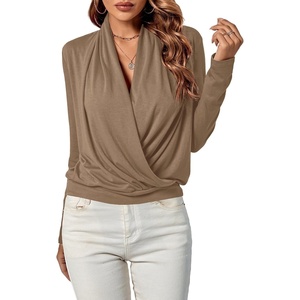image:imageLYANER Womens Casual V Neck Cross Wrap Long Sleeve Solid Blouse Shirt TopLight Brown
