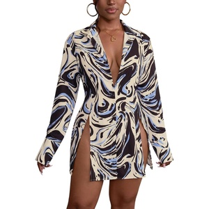 image:imageLYANER Womens Collared Deep V Neck Sexy Tops  Summer Button Down Long Sleeve Slit Hem Long Blouse ShirtsBlue Moire