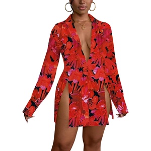 image:imageLYANER Womens Collared Deep V Neck Sexy Tops  Summer Button Down Long Sleeve Slit Hem Long Blouse ShirtsFloral Red