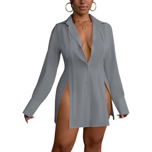 image:imageLYANER Womens Collared Deep V Neck Sexy Tops  Summer Button Down Long Sleeve Slit Hem Long Blouse ShirtsGray