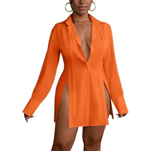 image:imageLYANER Womens Collared Deep V Neck Sexy Tops  Summer Button Down Long Sleeve Slit Hem Long Blouse ShirtsOrange