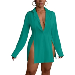 image:imageLYANER Womens Collared Deep V Neck Sexy Tops  Summer Button Down Long Sleeve Slit Hem Long Blouse ShirtsPeacock Green