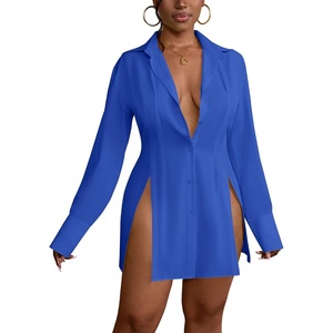 image:imageLYANER Womens Collared Deep V Neck Sexy Tops  Summer Button Down Long Sleeve Slit Hem Long Blouse ShirtsRoyal Blue