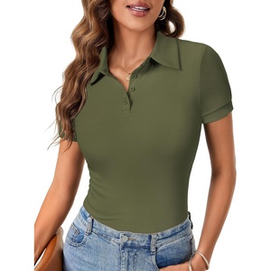image:imageLYANER Womens Collared Neck Casual Polo Shirts  Color Block Button Down V Neck Short Sleeve Slim Fitted Work Business Basic Going Out Blouse TopsSolid Army Green