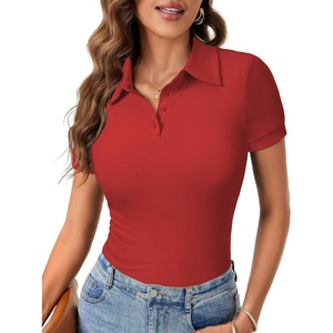 image:imageLYANER Womens Collared Neck Casual Polo Shirts  Color Block Button Down V Neck Short Sleeve Slim Fitted Work Business Basic Going Out Blouse TopsSolid Red