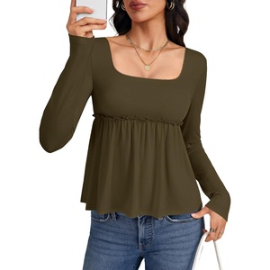 image:imageLYANER Womens Frill Square Neck Casual Peplum Top  Long Sleeve Ruched Ruffle A Line Dressy Babydoll Blouse ShirtsArmy Green