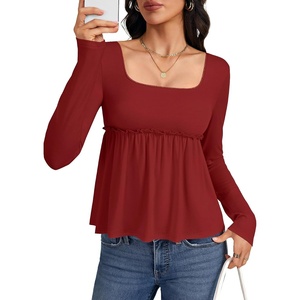 image:imageLYANER Womens Frill Square Neck Casual Peplum Top  Long Sleeve Ruched Ruffle A Line Dressy Babydoll Blouse ShirtsBurgundy