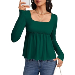 image:imageLYANER Womens Frill Square Neck Casual Peplum Top  Long Sleeve Ruched Ruffle A Line Dressy Babydoll Blouse ShirtsDark Green