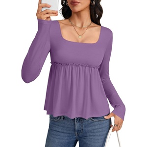 image:imageLYANER Womens Frill Square Neck Casual Peplum Top  Long Sleeve Ruched Ruffle A Line Dressy Babydoll Blouse ShirtsDusty Purple