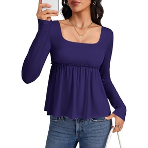 image:imageLYANER Womens Frill Square Neck Casual Peplum Top  Long Sleeve Ruched Ruffle A Line Dressy Babydoll Blouse ShirtsNavy Blue