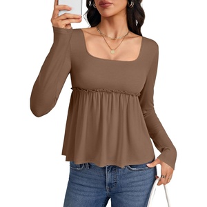 image:imageLYANER Womens Frill Square Neck Casual Peplum Top  Long Sleeve Ruched Ruffle A Line Dressy Babydoll Blouse ShirtsSolid Brown
