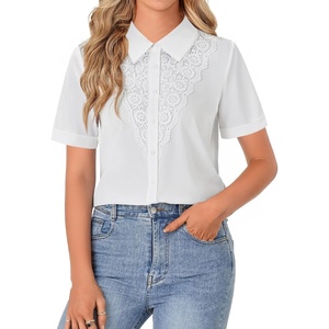 image:imageLYANER Womens Lace Collar Neck Short Sleeve Button Down Elegant Work Shirt Blouse TopWhite