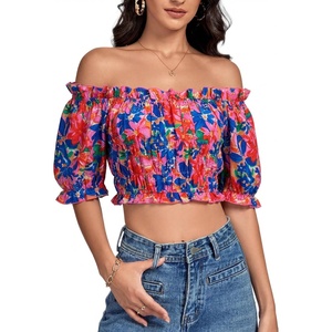 image:imageLYANER Womens Off The Shoulder Crop Tops  Ruffle Trim Ruched Short Sleeve Peasant BlouseRoyal Blue Flowers