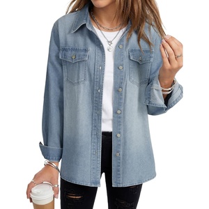 image:imageLYANER Womens Oversized Collar Casual Jacket Denim Shirts  Button Down Long Sleeve Loose Fit Lightweight Vintage Cardigan Jean ShirtBlue