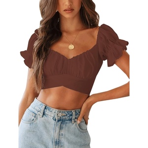 image:imageLYANER Womens Puff Short Sleeve Y2k Crop Top  Summer Ruffle Off The Shoulder Tie Back Cute Cropped Blouse ShirtsBrown