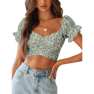 image:imageLYANER Womens Puff Short Sleeve Y2k Crop Top  Summer Ruffle Off The Shoulder Tie Back Cute Cropped Blouse ShirtsFloral Green