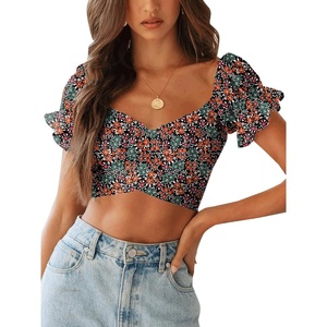 image:imageLYANER Womens Puff Short Sleeve Y2k Crop Top  Summer Ruffle Off The Shoulder Tie Back Cute Cropped Blouse ShirtsFloral Multi