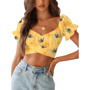 image:imageLYANER Womens Puff Short Sleeve Y2k Crop Top  Summer Ruffle Off The Shoulder Tie Back Cute Cropped Blouse ShirtsFloral Yellow